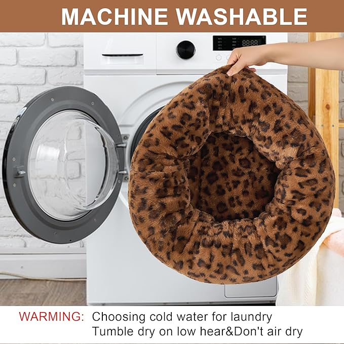 Dog Calming Beds for Small Medium Large Dogs - Round Donut Washable Puppy Dog Bed, Anti-Slip Faux Fur Fluffy Donut Cuddle Anxiety Cat Pet Bed (32" Leopard Print)