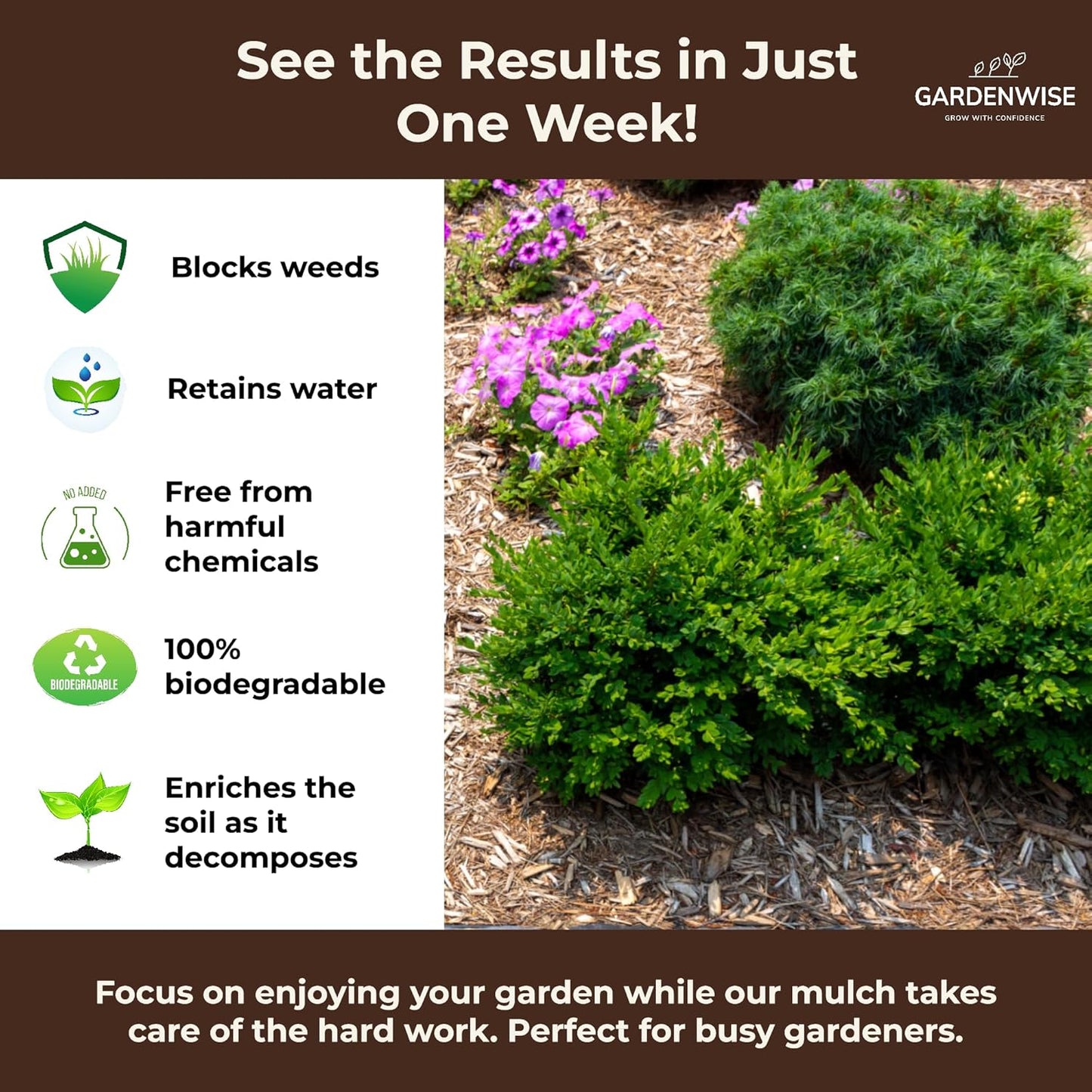 Premium Organic Wood Mulch for Gardens, Landscaping, Potted Plants, and Vegetable Gardens (0.2 CF - 4.8 L - 5 QTS)