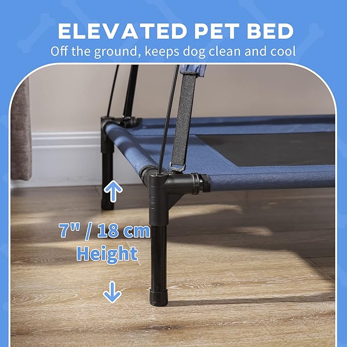 PawHut Elevated Dog Bed with Canopy, Portable Raised Dog Cot for M Sized Dogs, Indoor & Outdoor, 30" x 24" x 29", Dark Blue
