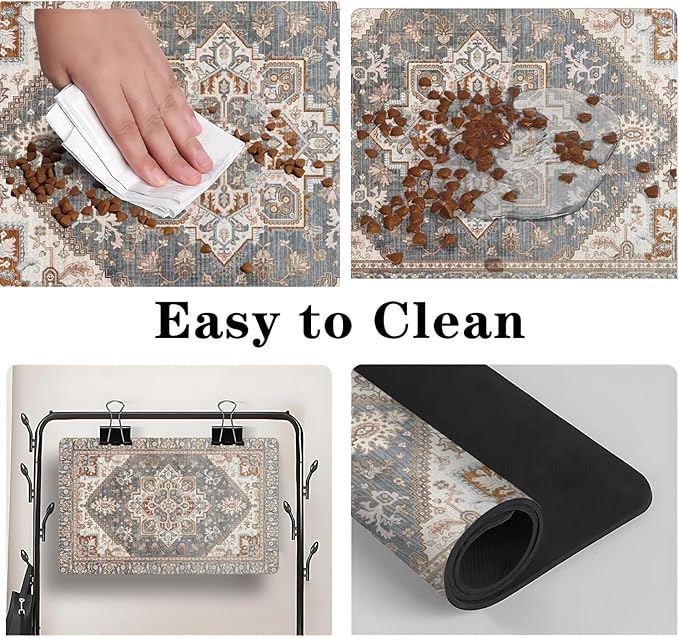 2 Pack Dog Food Mats for Floors, Absorbent and Quick-Drying Pet Cat Food Mat,Anti-Fouling and Easy-to-Clean Pet Feeding Mat,Dog Bowl Mat for Messy Drinking Water Bowls.12 x20+18"x24", Bohemia Style