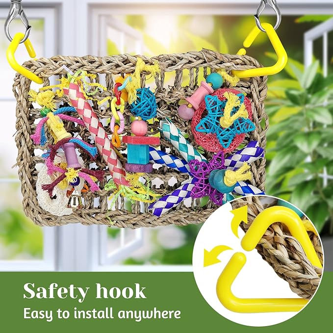 Fhiny Bird Foraging Toys, Parrot Chew Toys Seagrass Climbing Hammock Mat with Shredder Papers Wood Blocks Chewing Toys Suitable for Budgies Parakeets Love Birds