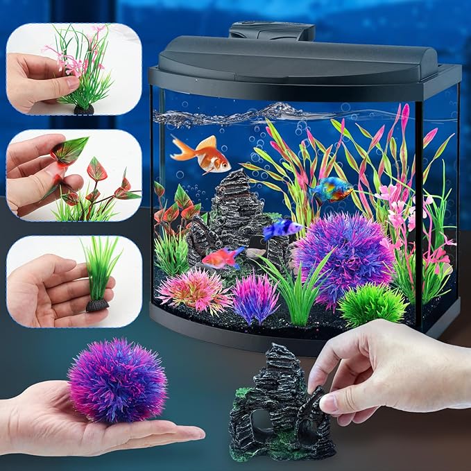 10pcs Aquarium Artificial Plastic Plants Decorations and Rock Cave Decor Set, Fish Tank Accessories Small Large Fish Bowl Ornaments Set