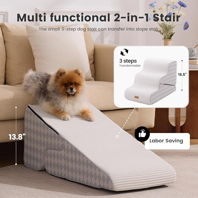 Gardner Pet Dog Stairs for Small Dogs 16.5" H, 2 in 1 Transformable 3-Step Pet Stairs and Ramp, Dog Steps for Couch Bed (13-20 in) Non-Slip Waterproof Cover and CertiPUR-US Certified Foam, Checked