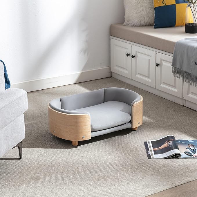 Scandinavian Style Elevated Dog Bed Pet Sofa with Solid Wood Legs and Bent Wood Back, Velvet Cushion, Small Size, Natural Frame & Light Grey Cushion