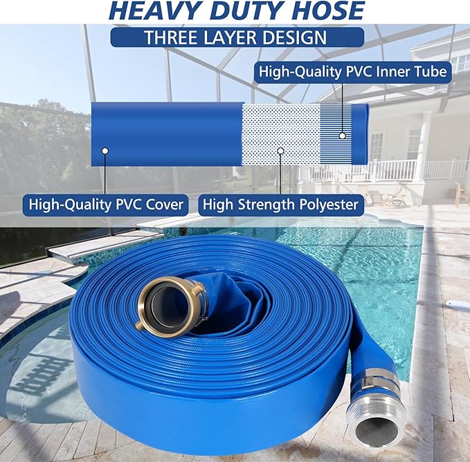 2" x 50 ft Backwash Hose for Swimming Pools, Heavy Duty PVC Lay Flat Water