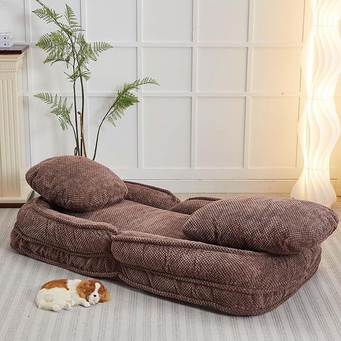 Human Dog Bed for Adult and Kids, Comfy Foldable Lazy Floor Sofa Bed with 5 Adjustable Position, Grey Upholstered Floor Bean Bag Lounger Chair for Bedroom, Living Room,Office (Brown)