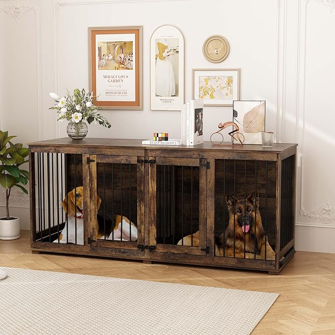 Large Funiture Style Dog Crate for 2 Dogs, 70" Wooden Dog Kennel Furniture with Removable Divider & 2 Trays, Indoor Heavy Duty Dog House w/Double Rooms for Large Medium Dogs, Brown