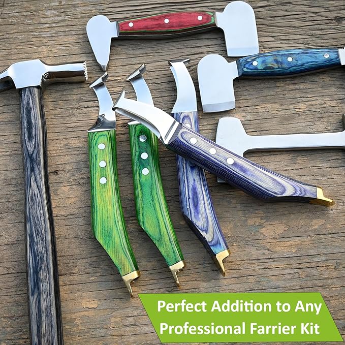 Premium Farrier Loop & Hoof Knife with Brass End – Professional Hoof Trimming Tool for Horses, Cows & Livestock, Stainless Steel Blade, Ergonomic Wood Handle (Blue)
