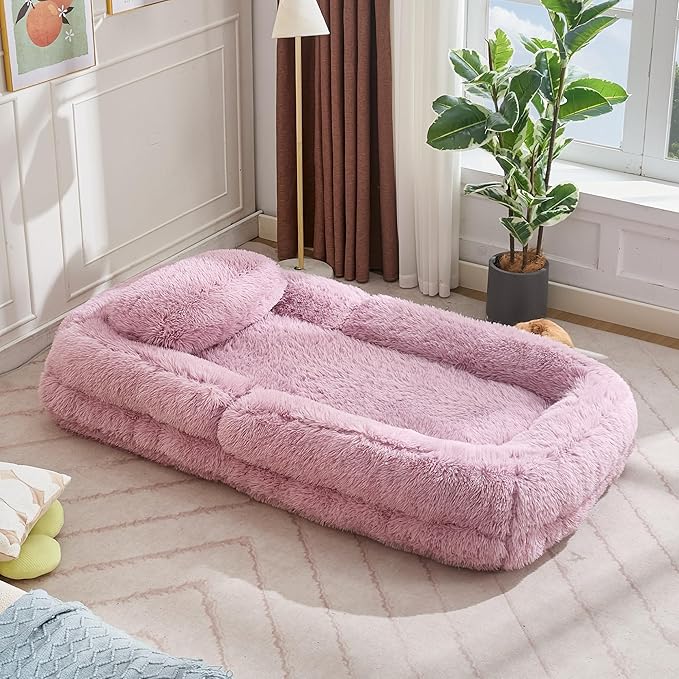 WDYLWFHWPink Foldable Human Dog Bed - 69"x35"x12" Fits You & Pets with Comfy Pillow, Washable Faux Fur, Oversized Lounger Lazy Sofa Beds with 5 Adjustable Position