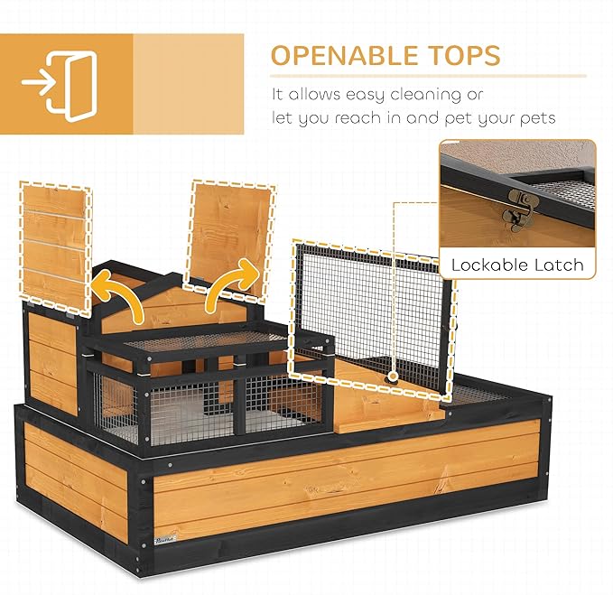PawHut 3- Room Tortoise House Habitat with Balcony & 2 Stories, Indoor/Outdoor Wooden Tortoise Enclosure with Ladder, Tray, Openable Roof, Large Reptile Cage, 44" x 25.5" x 23", Yellow