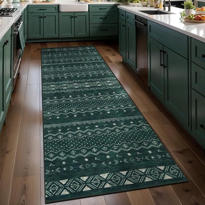SERISSA 2x6 Kitchen Runner Rug, Washable Non-Slip Dark Green Boho Rug, Soft