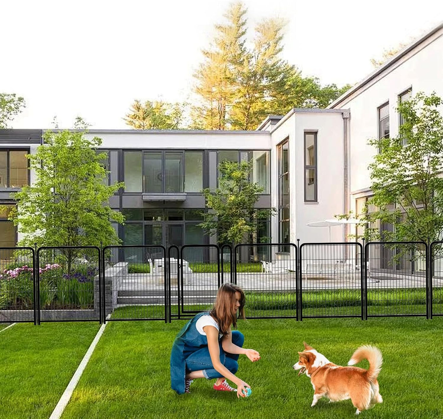 Dog Playpen 48inch 12 Panels, Puppy Playpen Indoors, Dog Fence Outdoor for Yard, Wide Door Low Threshold Garden Fence for Medium/Large Pets. Black Dog Pens Total 26.6 Ft(L)