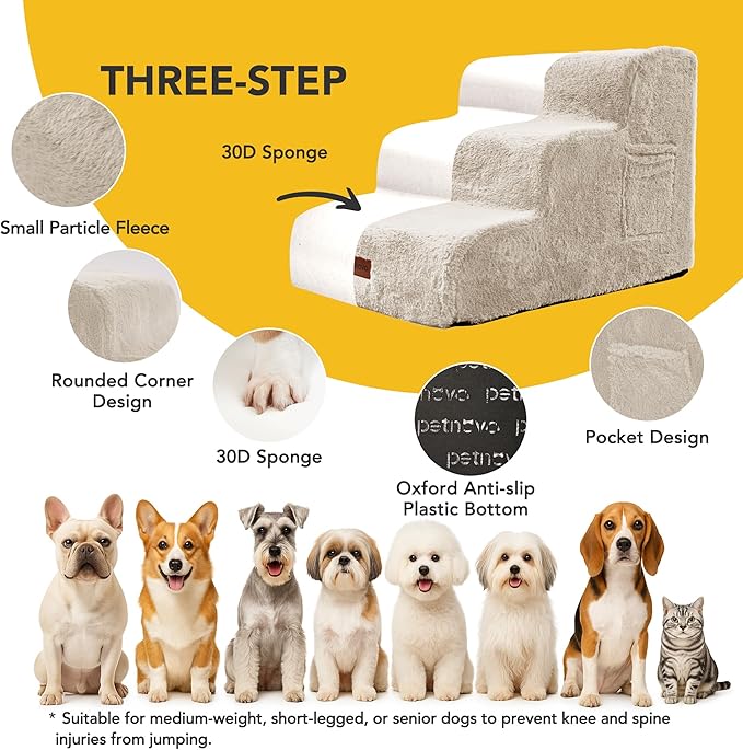 PETNOVO Ultra-Soft Rabbit Fur-Like Dog Stairs for Couch/Bed, Luxury Comfort 3-Step for Small & Senior Dogs, Non-Slip, Removable Washable Cover, OEKO-TEX Certified, 22.4"D x 15.7"W x 15.7"H, Off White