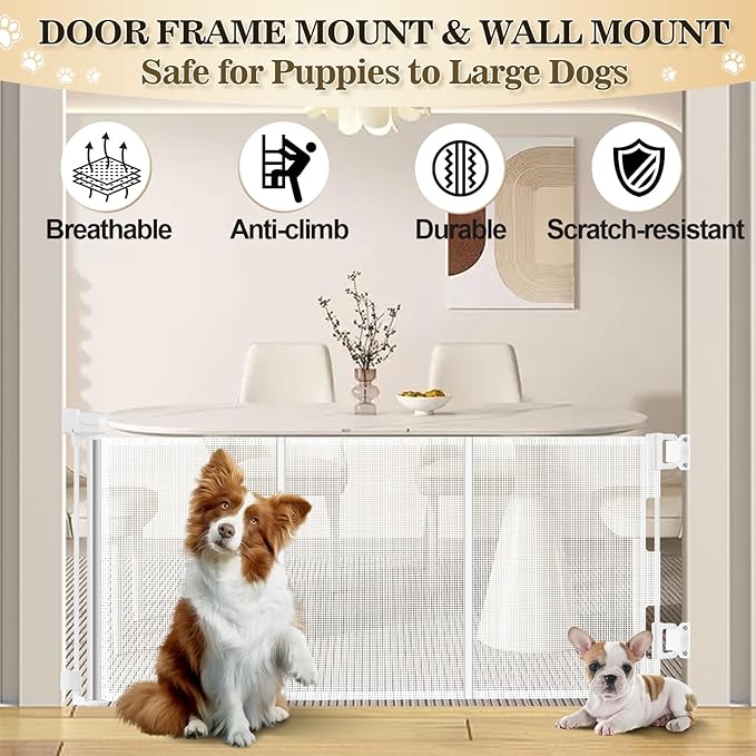 23.6" H Short Dog Gate Puppy Gate Pet Fence to Step Over,Retractable Mesh Doggie Gates Expands Up to 55 Inches Indoor Outdoor Dog Gates for Doorways Stairs