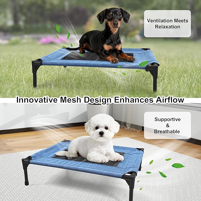 Raised Dog Bed Cooling Cot for Indoor Outdoor Use Portable Waterproof Mesh Pet Bed Washable for Large Medium Small Dogs, Blue