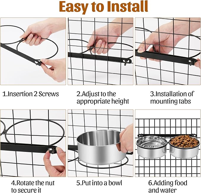 Dog Crate Water Bowls No Spill, 40oz Stainless Steel Dog Food and Water Bowl Set for Large/Medium/Small Pets, Detachable Hanging Pets Bowls for Cage, Kennel, Crate,Convenient for Adding Food and Water