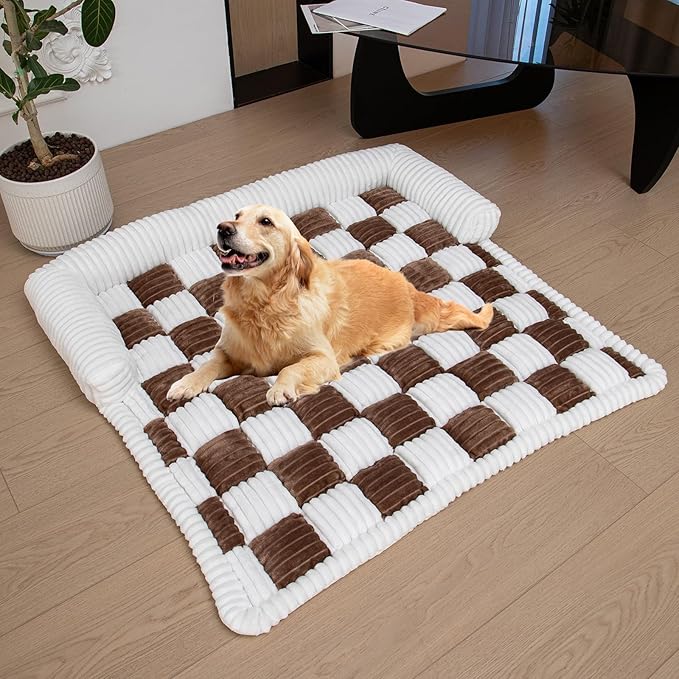 LiveGo Fuzzy Pet Couch Covers for Sofa, Dog Couch Cover Fuzzy Sofa Cover Cream Square Plaid Dog Bed Plush Dog Mat for Furniture Protector for Large Medium Dogs and Cats