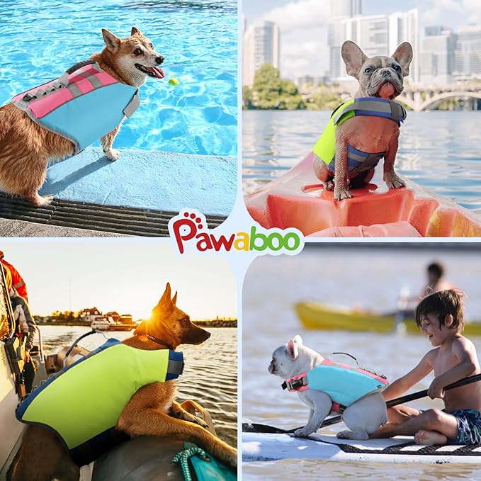 Pawaboo Reflective Dog Life Jacket, Dog Safety Vest Adjustable Pet Life Preserver with Strong Buoyancy & Sturdy Rescue Handle, Dogs Lifesaver Vests for Boating, Swimming, L, Bright Yellow