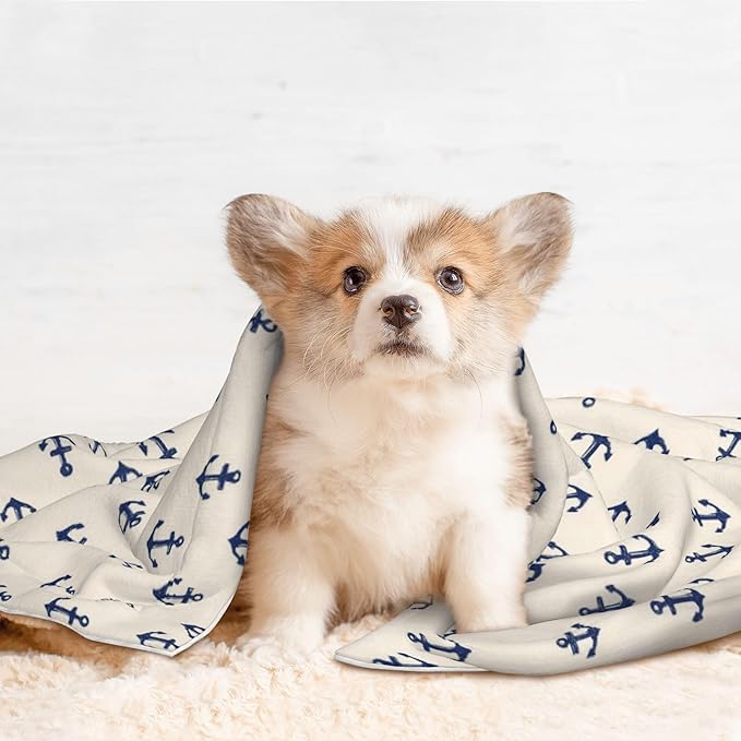 Waterproof Dog Blanket Soft Pet Blanket for Puppy Cat, Fleece Cat Throw Blankets for Furniture Bed Couch Sofa Reversible - Nautical Themed Simple Anchors