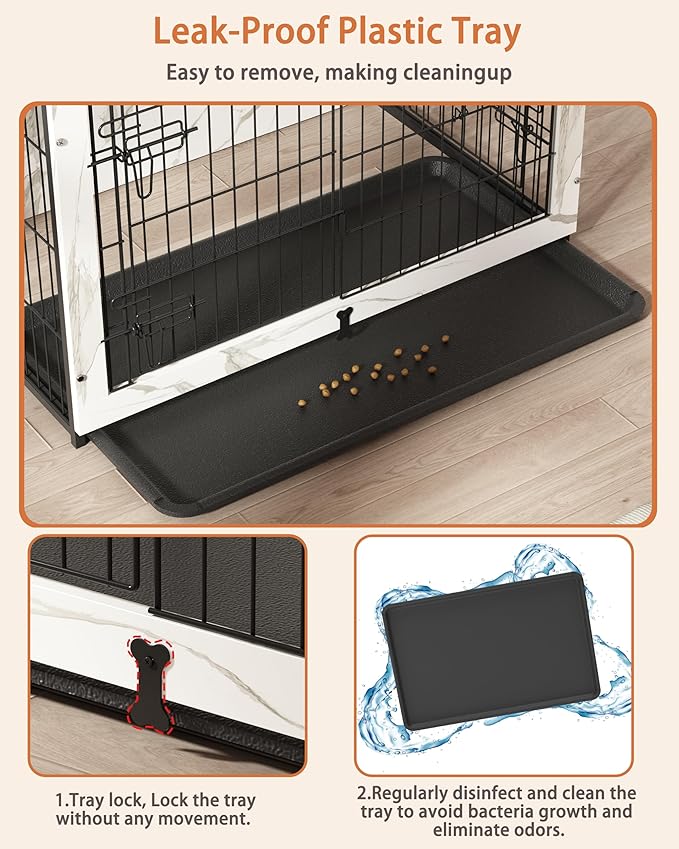 Megidok Wooden Dog Crate Furniture with Cushion,Large Dog Crate End Table with Tray, Double Doors Kennels Indoor (37" L*25" W*26" H, Marble White)