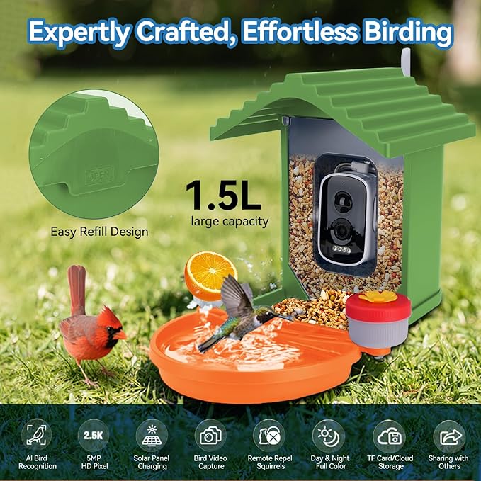 Smart AI Bird Feeder with Camera,2.5K HD Live View,Solar Powered,Instant Birds Species Recognition,Real Time Alerts,Wireless Birdhouse with Night Vision,Green