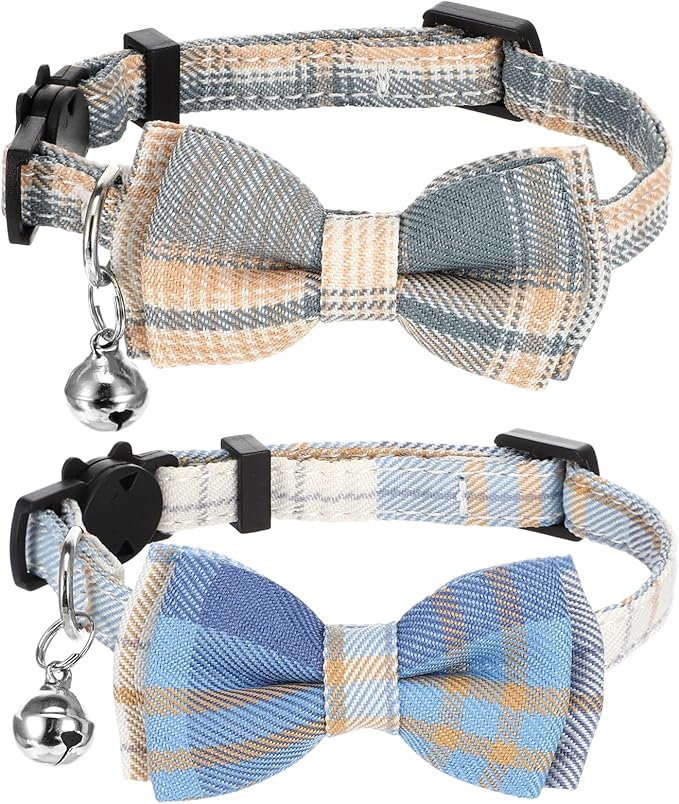 2 Pcs Cat Collar Breakaway with Bell and Bowtie - Adjustable Cat Bow Tie - Plaid Kitten Collar for Small Pets