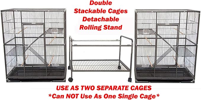 74" Large Double Separate Stackable Wrought Iron Breeding Bird Flight Parrot Cockatiel Conure Breeder Cages Side Nesting Doors Double Feeder Cups Easy Clean Grate & Tray with Detechable Rolling Stand