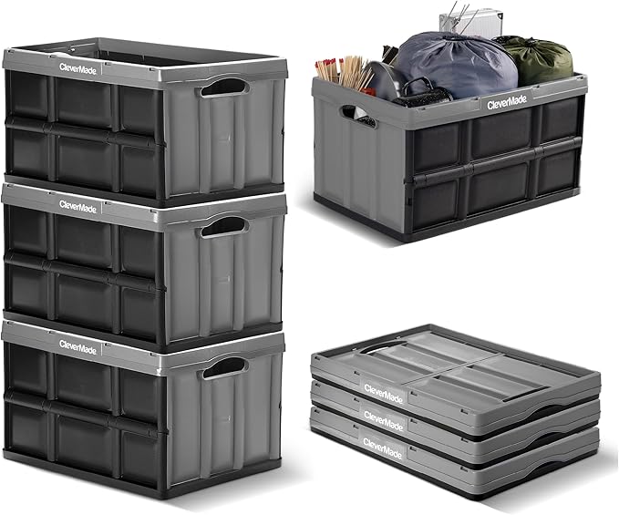 CleverMade Collapsible Storage Bins - Stone 3 Pack 62L - Stackable Containers Heavy Duty Capacity Folding Crates - Space-Saving for Home