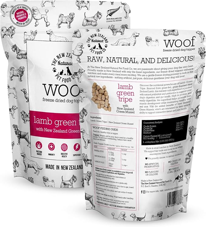 The New Zealand Natural Pet Food Co. WOOF Freeze Dried Dog Topper – Lamb Green Tripe, High Protein, Digestive Support, Topper or Treat – 6.3 oz