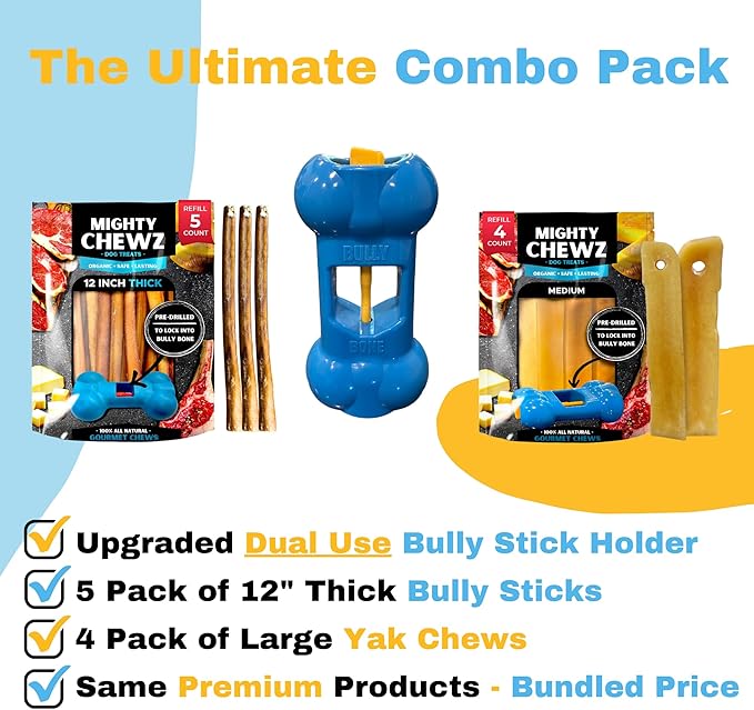 Yak Cheese and Bully Stick Holder Combo Pack, Large Yak Cheese (4 Pcs) and 12" Thick Bully Sticks (5 Pcs) - Includes Bully Bone Holder for Safe, Secure and Smarter Chewing