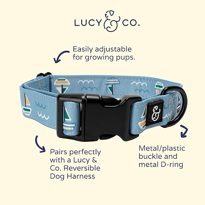 Lucy & Co. Set Sail Adjustable Dog Collar- Cute Designer Pet Collar for Small, Medium, Large Dogs- Buckle Closure Dog Accessories, Large, Blue with Green & Yellow Sailboats