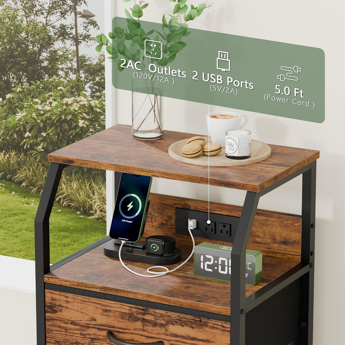 Furnulem 5 Drawers Dresser with Charging Station, Tall Nightstand, Brown