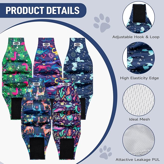 Male Dog Diapers, High Absorbing Dog Belly Bands for Male Dogs, Washable Reusable Dog Males Wraps(5 Pack)