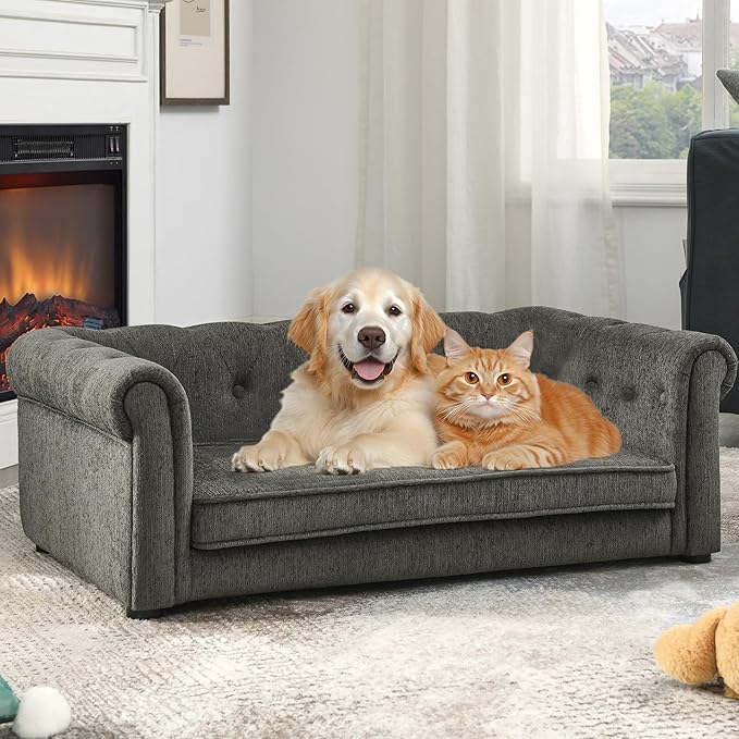 Elevated Rectangle Dog Sofa for Small & Medium Dogs - Comfortable Linen Fabric Dog Bed with Button Tufted Back, Durable Modern and Stylish Pet Bed for Living Room, Bedroom (Dark Grey)