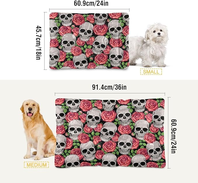 Gothic Skull Roses Pet Bed Cute Dog Bed Mat Absorbing Non Slip Pad Pet Sleeping Mat for Small, Medium, and Large Dogs Puppy Cat 24 in x 18 in