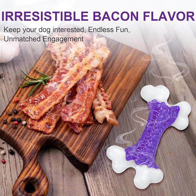 2-Pack Indestructible Dog Toys for Aggressive Chewers: Bacon Flavored Hard Nylon Bone Chew Toys, Tough Dog Chew Toys for Large Dogs, Dog Toys to Keep Them Busy for Medium Large Breed, Purple