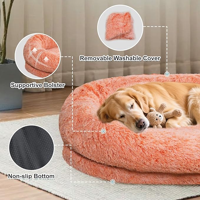 YAEM Human Dog Bed for Adult and Pets - 71"x45"x12" Dogs Beds for Humans with Washable Faux Fur Cover, Plump Pillow, Blanket, Orthopedic Design, Strap-OrangeWhite