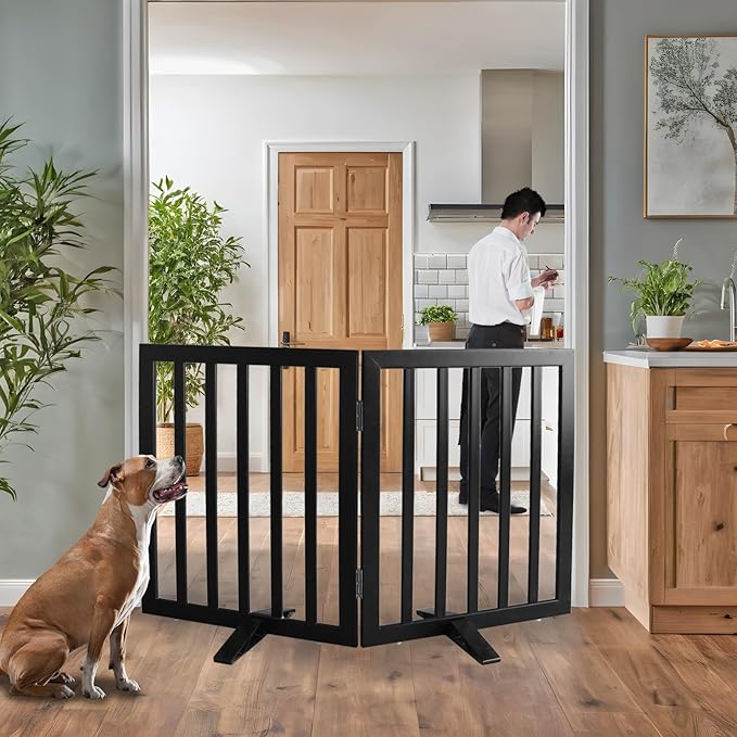 ZJSF Freestanding Indoor Dog Gate for House Foldable Wood Puppy Gate for Doorways Pet Gate for Stairs Extra Wide Pet Fence, Black, 24" Height 2 Panels
