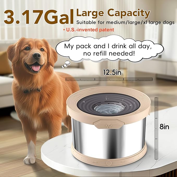 UPSKY Dog Water Bowl No Spill 12L Stainless Steel, 3.17 Gallon Large Capacity Spill-Proof Dog Bowls, Non-Slip Slow Drinking Anti-Splash Bowl for Large Messy Drinkers, No Mess Indoor/Outdoor Use, Beige