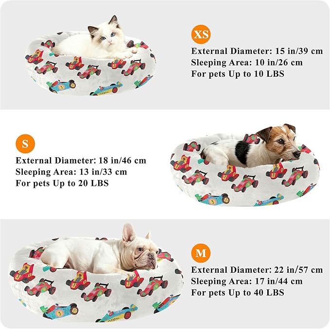 Dog Bed Race Cars Sleeping Pet Bed with Anti-Slip Bottom for Small Medium Dogs and Cats, Round Calming Sleeping Washable Puppy Beds 16 in