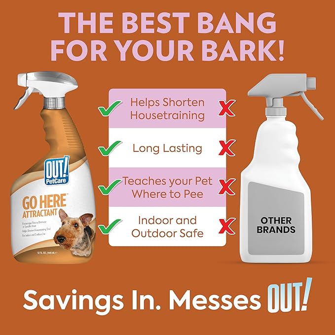 OUT! PetCare Go Here Attractant Dog and Puppy Potty Training Spray, Safe & Effective Puppy Pee Spray, Dog Housebreaking Supplies, Indoor and Outdoor House Training Tool, 32 oz