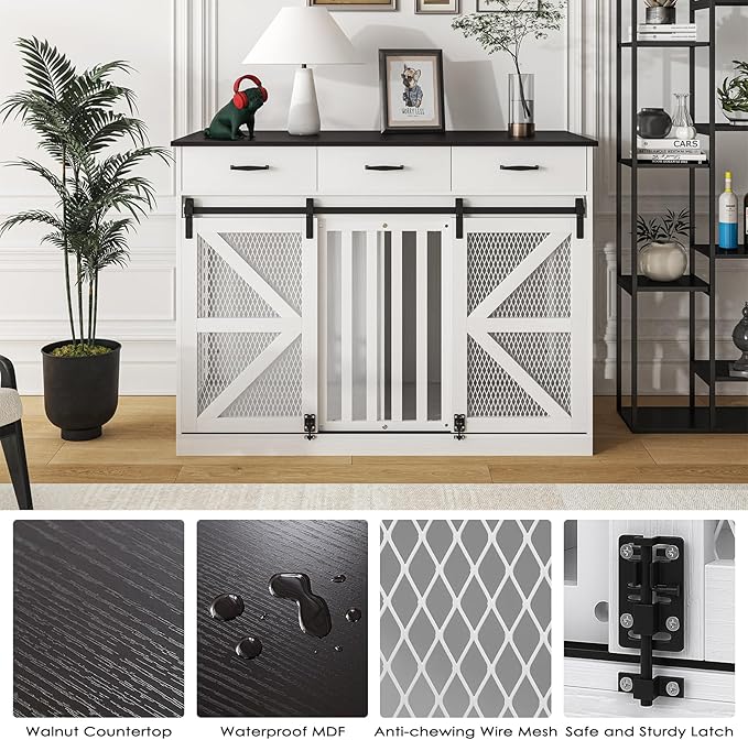 2-in-1 Farmhouse Dog Crate Furniture - Wooden Large Dog Kennel with Drawers Storage - Double Doors - Indoor TV Stand - Inner Height: 24 Inches - Ideal for One Big Dog or Two Small Dogs