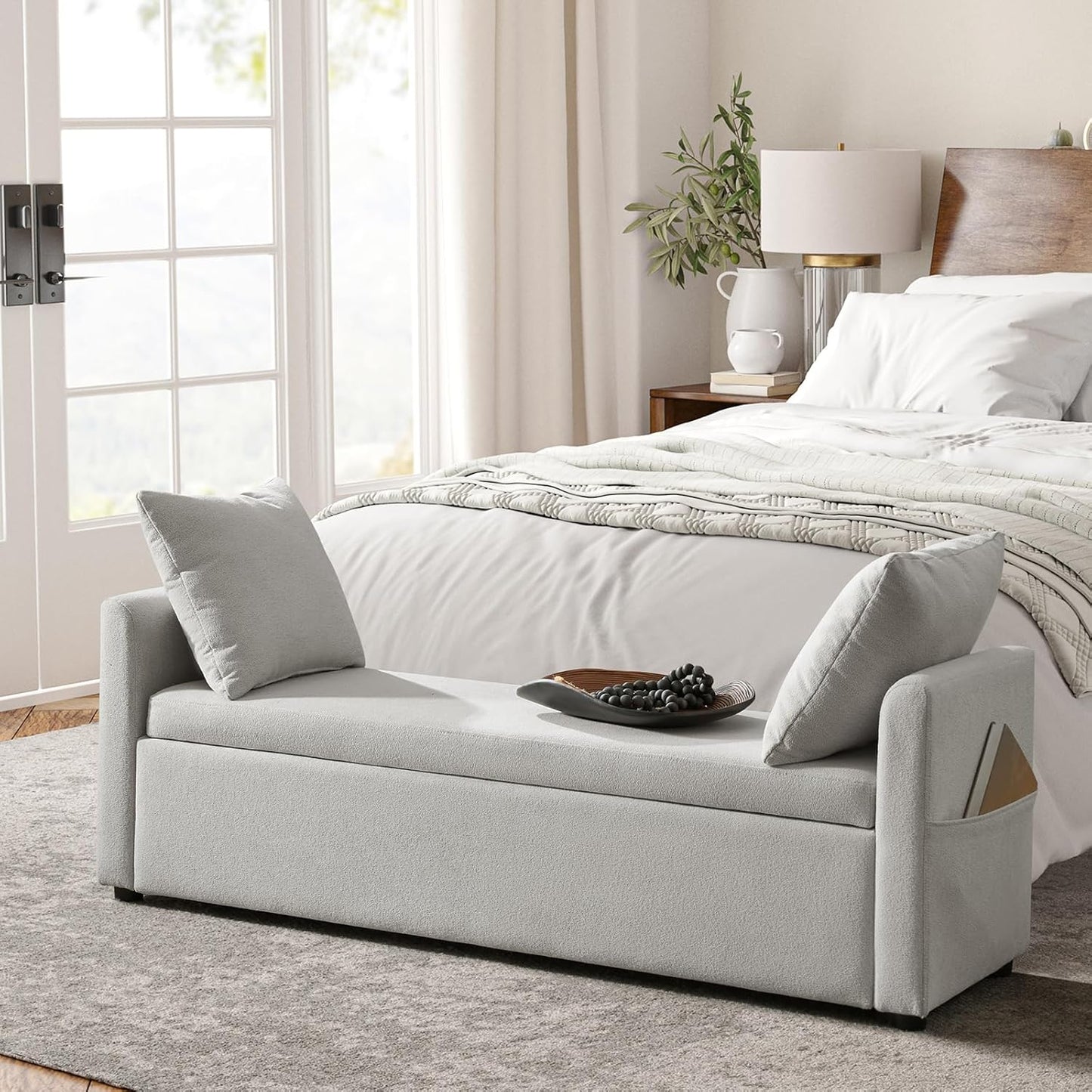 HULALA HOME Modern Storage Ottoman Bench with Throw Pillows, 59" Extra Long End of Bed Bench with Storage Pocket, Comfy Upholstered Footstool for Bedroom Entryway Living Room, Grey