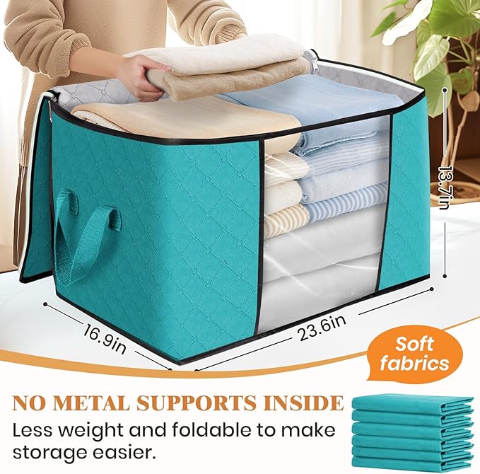Fab totes 24 Gallons Clothes Storage, Foldable Thick Fabric Blanket Storage Bags, Containers for Organizing Bedroom, Closet, Clothing, Comforter, Organization with Handle (3 Pack,Green)