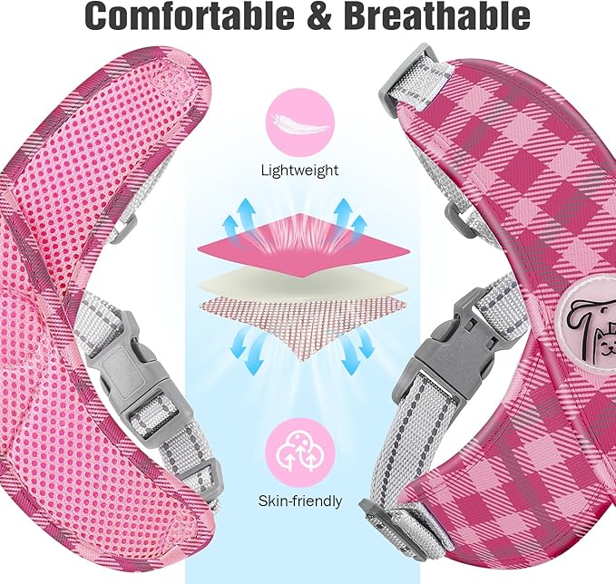Pawaboo Small Dog Harness and Leash Set, Puppy Harness X-Frame No Pull No Choke, Dog Vest Harness Adjustable for Small Medium Sized Dogs,Soft Breathable Pet Harness for Walking Outing, M, Pink Plaid
