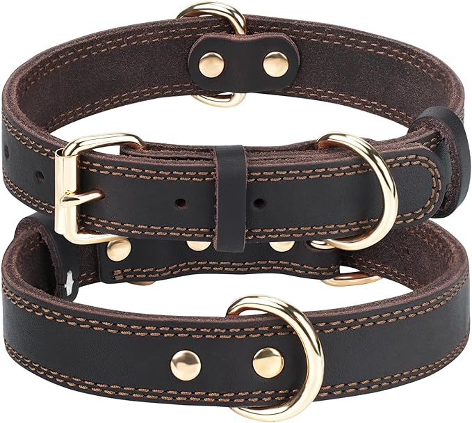 Joytale Genuine Leather Dog Collar for Large Dogs, Heavy Duty Thick Solid Leather for Power Breeds, Sturdy Adjustable Pet Collar with Metal Pin Buckle, Durable for Daily Walking, Brown, XL