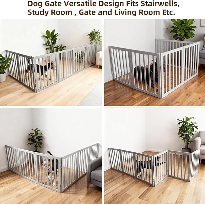 ZJSF Freestanding Indoor Dog Gate for House Foldable Wood Grey Puppy Gate for Doorways Pet Gate for Stairs Extra Wide Pet Fence 24" Height 6 Panels