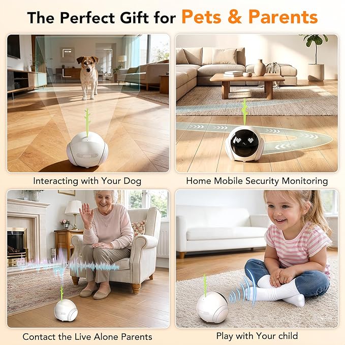 RPZ Pet Camera Indoor, Dog Camera, Movable Home Security Robot with Phone App, 2 K Cat & Puppy Mini Robot, Long Distance on Wheels Safety Alerts, Pet Auto Tracking, 2-Way Speaker