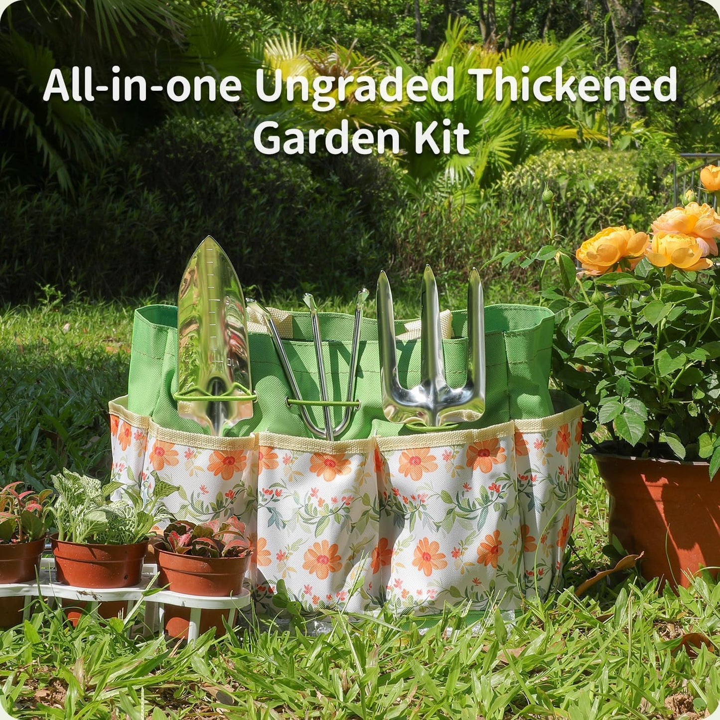 Gardening Tools 10-Piece Heavy Duty Stainless Steel Hand Tools with Durable Garden Tools Storage Tote,Rust-Proof Garden Tool Set, Ideal Gardening Gifts for Women Yellow Floral Pattern Design