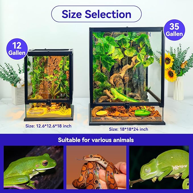 Full Glass Panoramic Vivarium for Crested Gecko Tank, Snake Enclosure, Reptile Cage with Front Door, Enhanced Ventilation & Concealed Wiring Holes 12.6" L x 12.6" W x 18" H